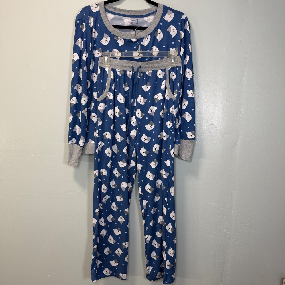 Pillow Talk Women Blue Cat Print Cozy Pajama Lounge 2 Piece Set Small 26162